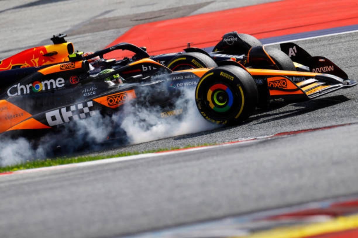 Austrian Grand Prix - Crazy moment when Lando and Max tough after aggressive battle, with both puncturing tires. Max had slow pit stop to allow Lando to close. Russell gifted