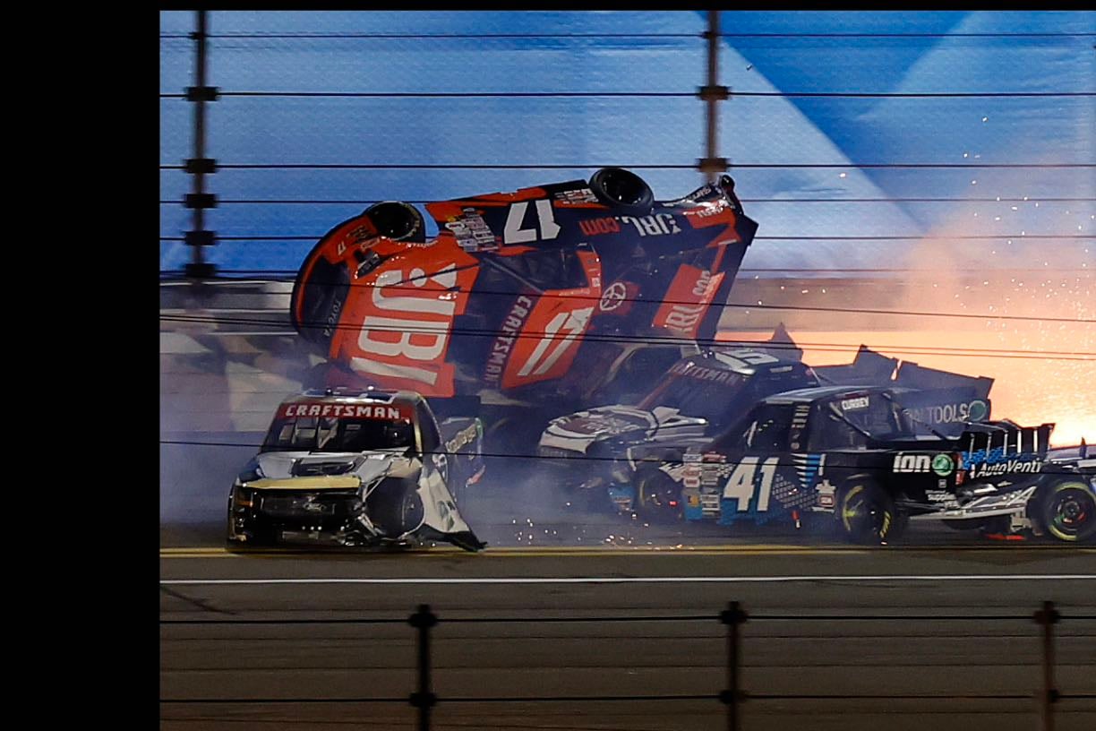 Daytona - Wreckfest. Drivers couldn't keep control of trucks and was an ugly race to watch. To be expected, race ends under caution with Nick leading. Tay Gray flips