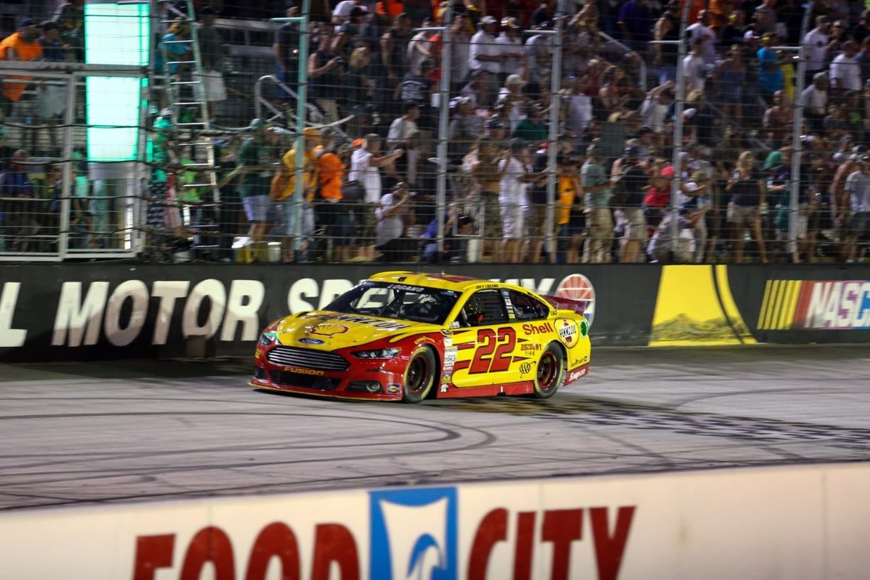 Bristol Night Race - Harv wrecks Denny and collect Jr. 88 is taped on side. Denny throws Hans at Kevin. Jamie led 148 laps. Logano took lead with 45 left and held off Brad