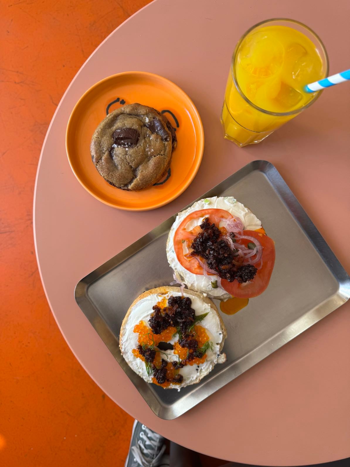 Rhodo Bagels @ Santos - Ordered the trout roe bagel + lindy’s bagel + chocolate chip cookie + orange juice
