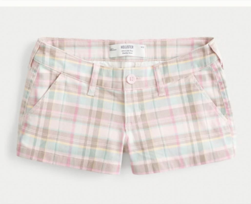 Ultra Low-Rise Twill Plaid Shortie Shorts - Hollister