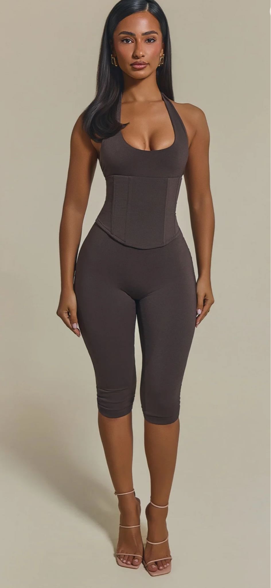 THE SANDRA CAPRI CORSET JUMPSUIT IN BROWN